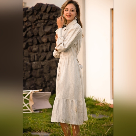 NWT - Flax-Linen Frieeah Ivory Midi Shirtdress with Pockets & Belt - Size XL - Picture 2 of 7